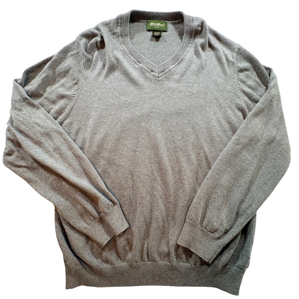 Eddie Bauer V-Neck Sweater Men Large Gray Cotton Cashmere Blend Lightweight Knit